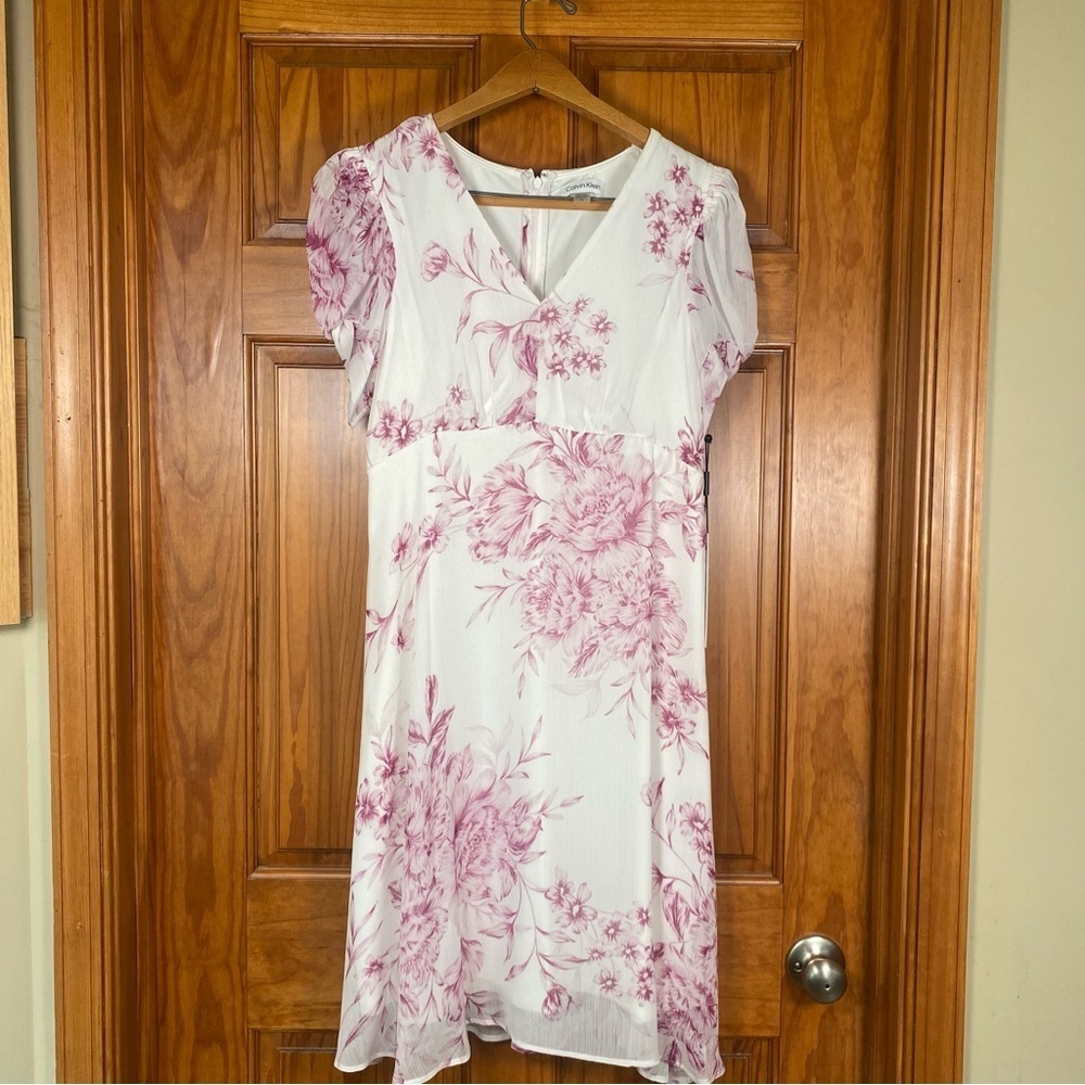 NWT Calvin Klein Pink Flutter Sleeve Midi Chiffon Floral Dress